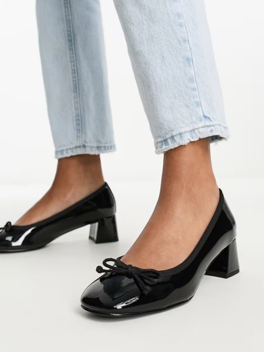 ASOS Design Steffie Black Patent Mid Heel Pumps with Bow